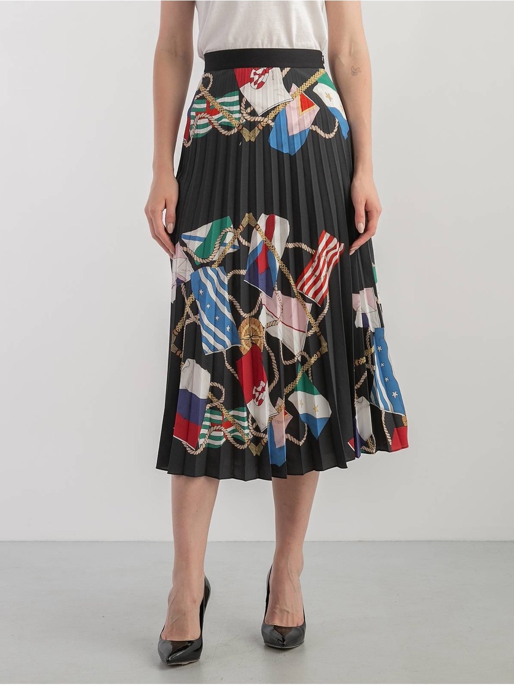 Sandro Black Pleated Midi Skirt with Multicolor Nautical Flag Print
